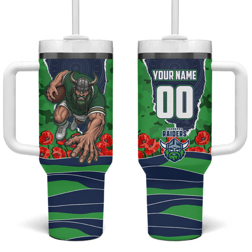 Personalized Canberra Raiders ANZAC Tribute Tumbler With Handle Poppy Field Soldier Silhouette Aboriginal Rugby Mascot
