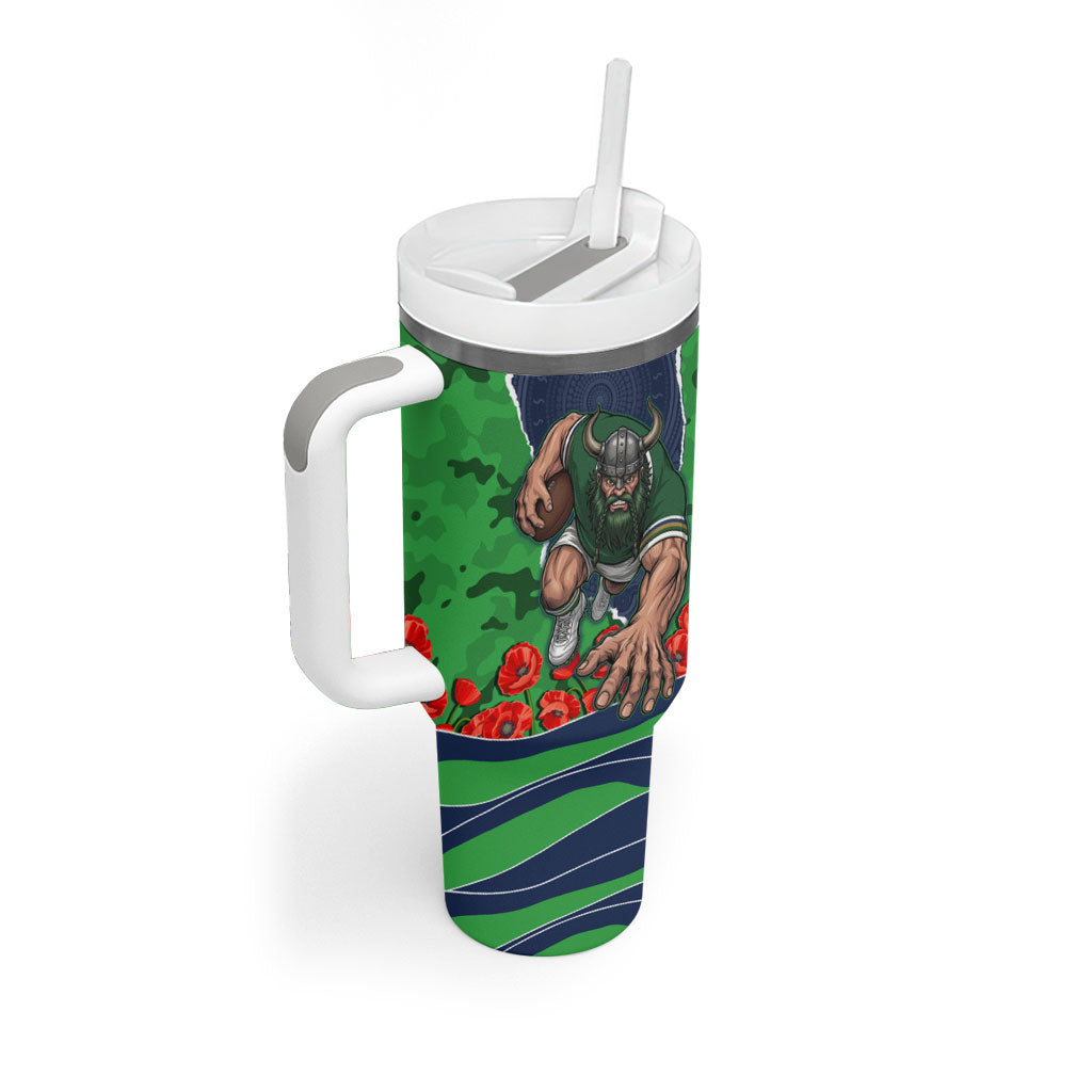 Personalized Canberra Raiders ANZAC Tribute Tumbler With Handle Poppy Field Soldier Silhouette Aboriginal Rugby Mascot