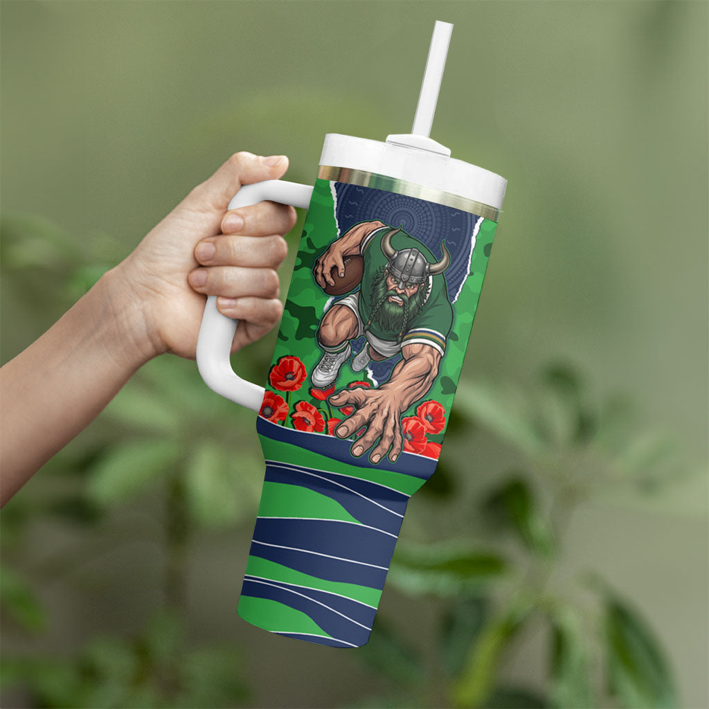 Personalized Canberra Raiders ANZAC Tribute Tumbler With Handle Poppy Field Soldier Silhouette Aboriginal Rugby Mascot