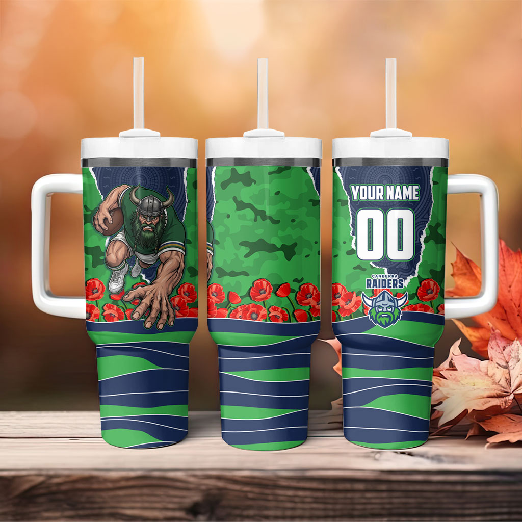 Personalized Canberra Raiders ANZAC Tribute Tumbler With Handle Poppy Field Soldier Silhouette Aboriginal Rugby Mascot