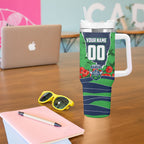 Personalized Canberra Raiders ANZAC Tribute Tumbler With Handle Poppy Field Soldier Silhouette Aboriginal Rugby Mascot