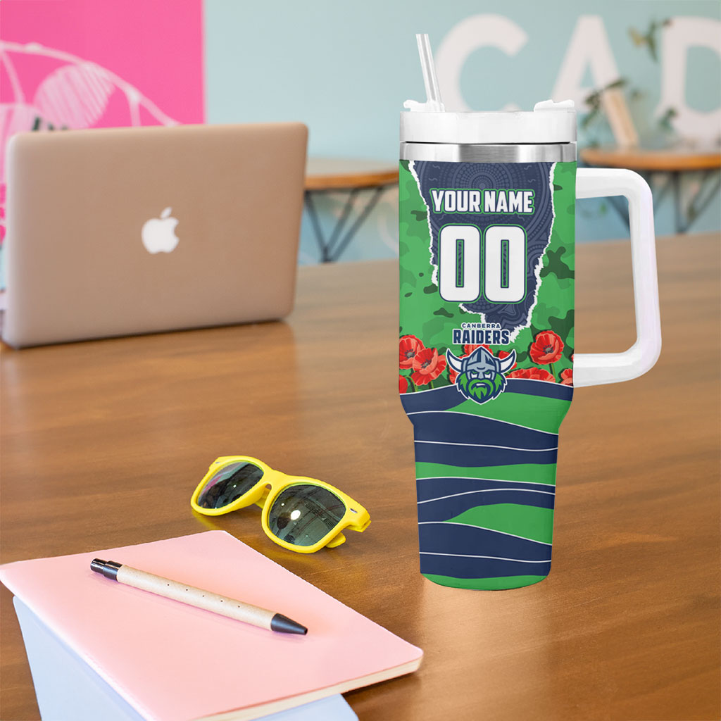 Personalized Canberra Raiders ANZAC Tribute Tumbler With Handle Poppy Field Soldier Silhouette Aboriginal Rugby Mascot