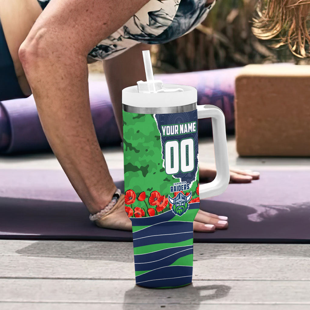 Personalized Canberra Raiders ANZAC Tribute Tumbler With Handle Poppy Field Soldier Silhouette Aboriginal Rugby Mascot