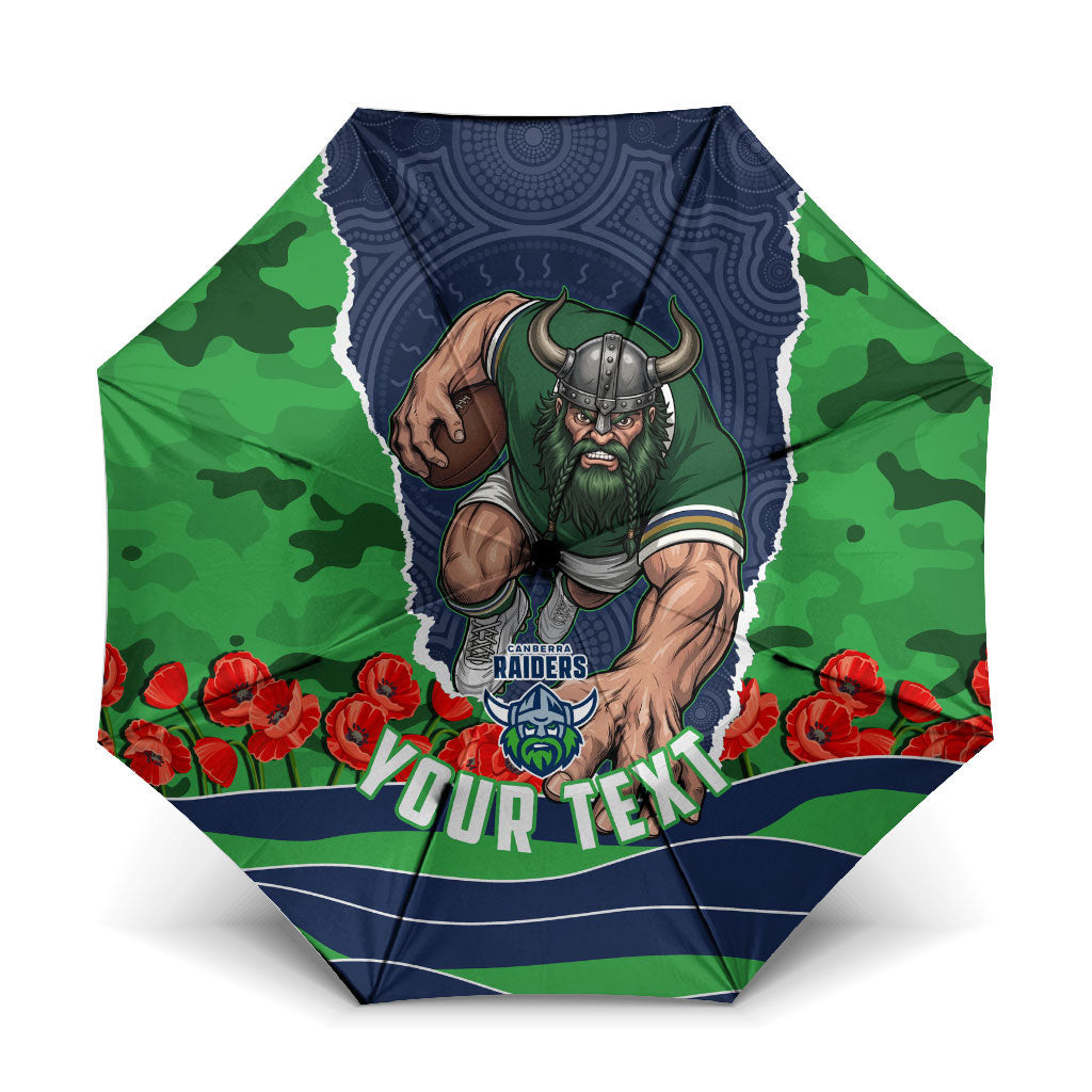 Personalized Canberra Raiders ANZAC Tribute Umbrella Poppy Field Soldier Silhouette Aboriginal Rugby Mascot