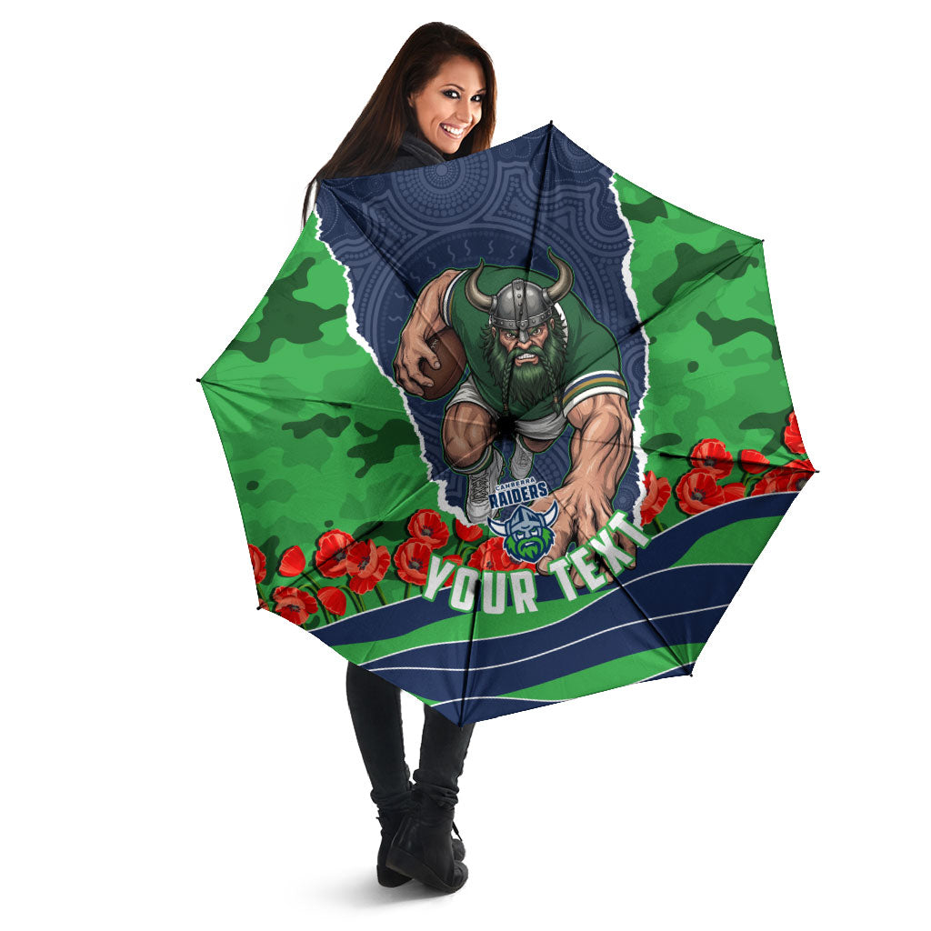 Personalized Canberra Raiders ANZAC Tribute Umbrella Poppy Field Soldier Silhouette Aboriginal Rugby Mascot