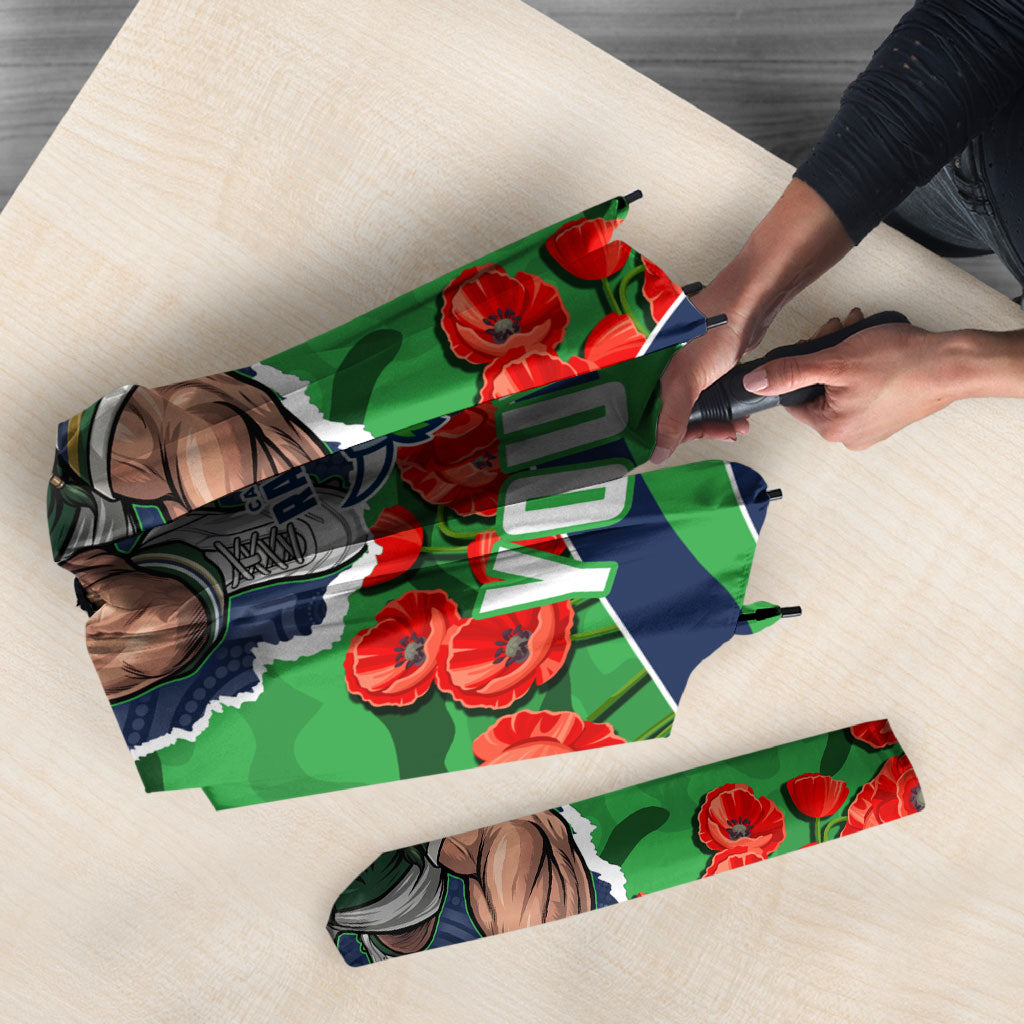 Personalized Canberra Raiders ANZAC Tribute Umbrella Poppy Field Soldier Silhouette Aboriginal Rugby Mascot