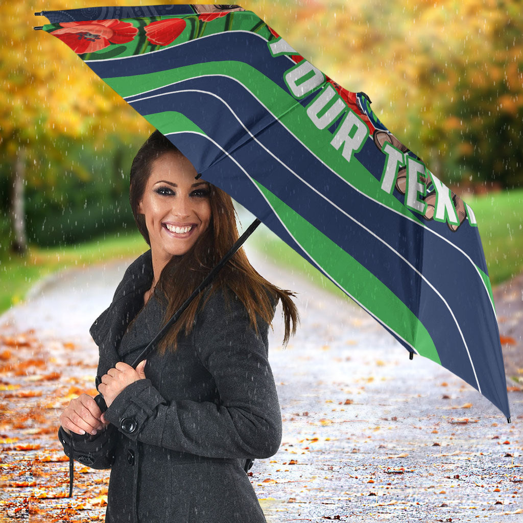 Personalized Canberra Raiders ANZAC Tribute Umbrella Poppy Field Soldier Silhouette Aboriginal Rugby Mascot