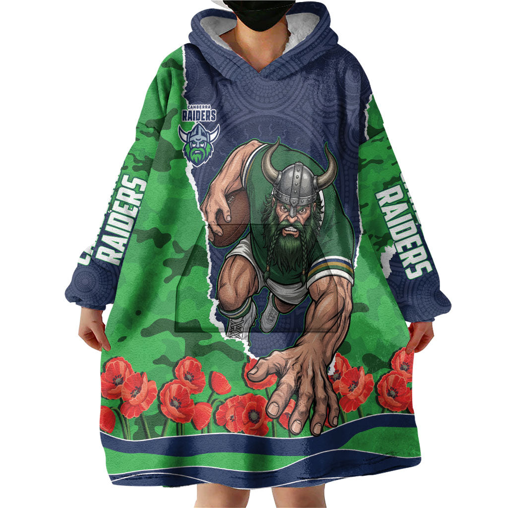 Personalized Canberra Raiders ANZAC Tribute Wearable Blanket Hoodie Poppy Field Soldier Silhouette Aboriginal Rugby Mascot