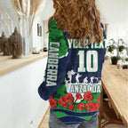 Personalized Canberra Raiders ANZAC Tribute Women Casual Shirt Poppy Field Soldier Silhouette Aboriginal Rugby Mascot