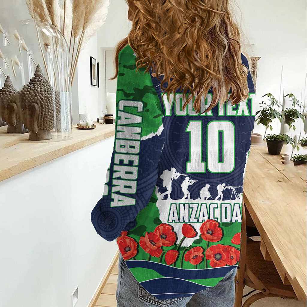 Personalized Canberra Raiders ANZAC Tribute Women Casual Shirt Poppy Field Soldier Silhouette Aboriginal Rugby Mascot