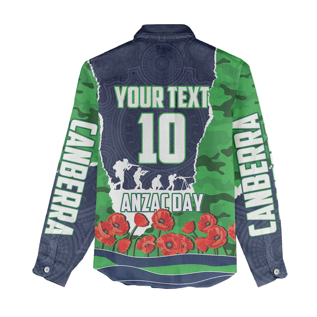 Personalized Canberra Raiders ANZAC Tribute Women Casual Shirt Poppy Field Soldier Silhouette Aboriginal Rugby Mascot