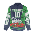 Personalized Canberra Raiders ANZAC Tribute Women Casual Shirt Poppy Field Soldier Silhouette Aboriginal Rugby Mascot
