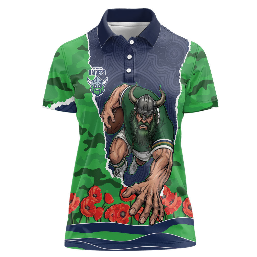 Personalized Canberra Raiders ANZAC Tribute Women Polo Shirt Poppy Field Soldier Silhouette Aboriginal Rugby Mascot
