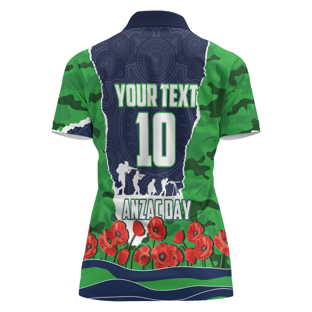 Personalized Canberra Raiders ANZAC Tribute Women Polo Shirt Poppy Field Soldier Silhouette Aboriginal Rugby Mascot