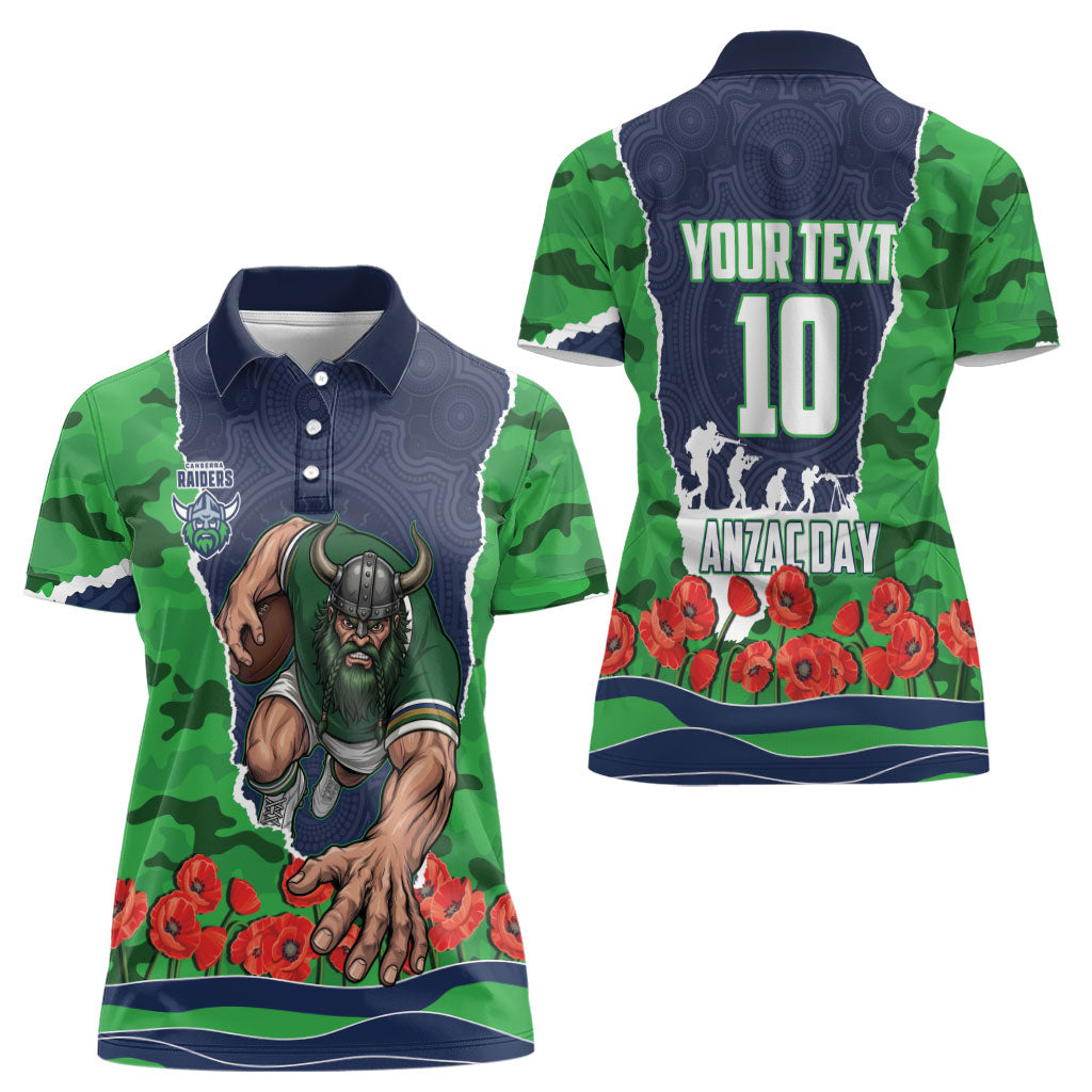 Personalized Canberra Raiders ANZAC Tribute Women Polo Shirt Poppy Field Soldier Silhouette Aboriginal Rugby Mascot