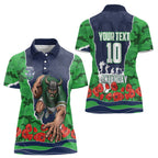 Personalized Canberra Raiders ANZAC Tribute Women Polo Shirt Poppy Field Soldier Silhouette Aboriginal Rugby Mascot