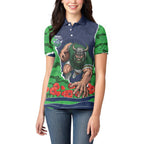 Personalized Canberra Raiders ANZAC Tribute Women Polo Shirt Poppy Field Soldier Silhouette Aboriginal Rugby Mascot