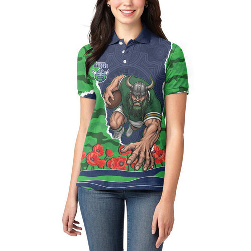 Personalized Canberra Raiders ANZAC Tribute Women Polo Shirt Poppy Field Soldier Silhouette Aboriginal Rugby Mascot