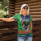 Personalized Canberra Raiders ANZAC Tribute Women Polo Shirt Poppy Field Soldier Silhouette Aboriginal Rugby Mascot