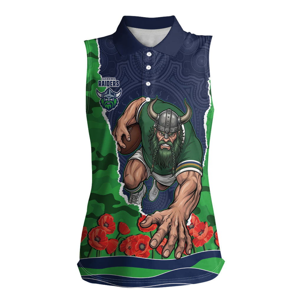 Personalized Canberra Raiders ANZAC Tribute Women Sleeveless Polo Shirt Poppy Field Soldier Silhouette Aboriginal Rugby Mascot