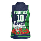 Personalized Canberra Raiders ANZAC Tribute Women Sleeveless Polo Shirt Poppy Field Soldier Silhouette Aboriginal Rugby Mascot
