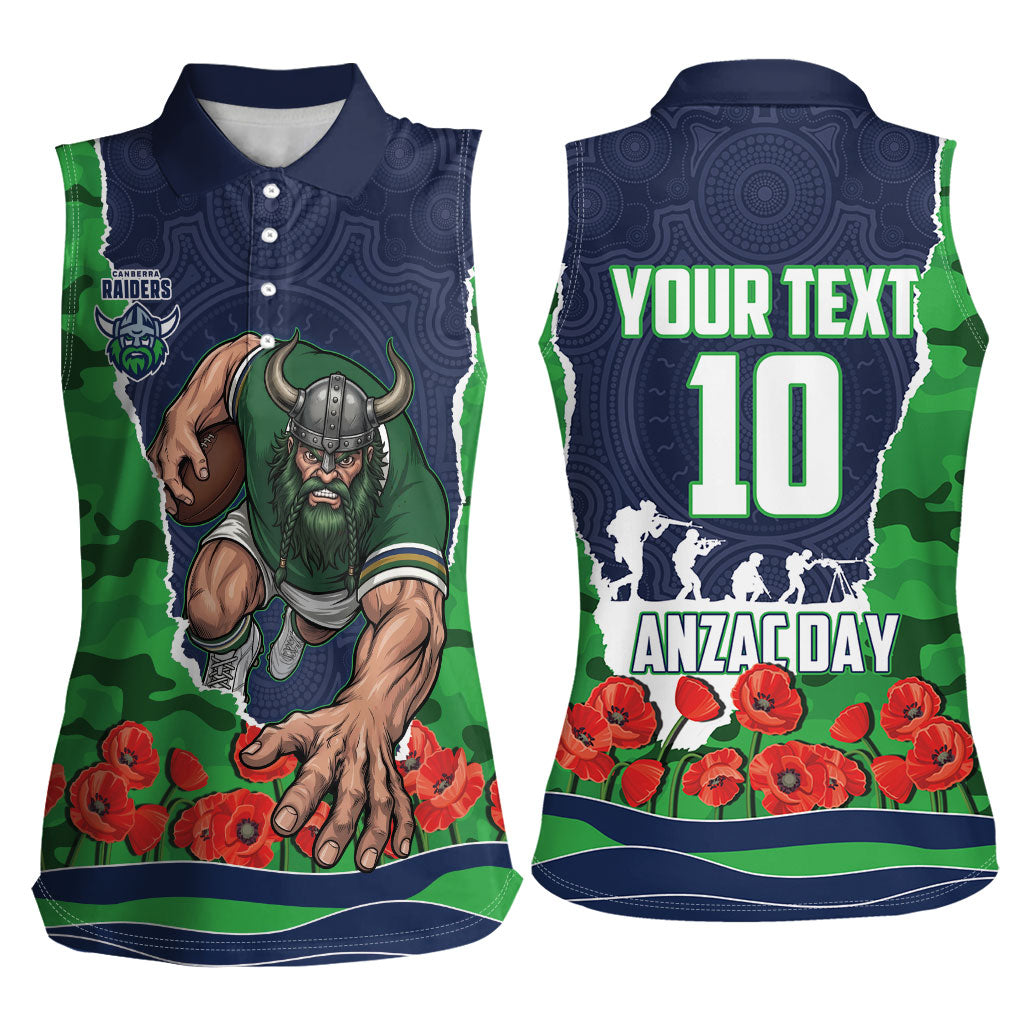 Personalized Canberra Raiders ANZAC Tribute Women Sleeveless Polo Shirt Poppy Field Soldier Silhouette Aboriginal Rugby Mascot