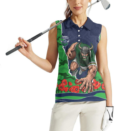 Personalized Canberra Raiders ANZAC Tribute Women Sleeveless Polo Shirt Poppy Field Soldier Silhouette Aboriginal Rugby Mascot