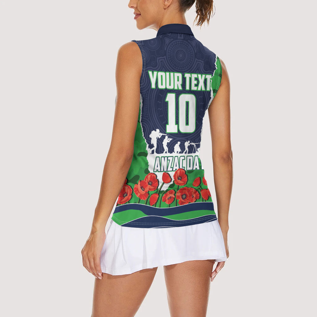 Personalized Canberra Raiders ANZAC Tribute Women Sleeveless Polo Shirt Poppy Field Soldier Silhouette Aboriginal Rugby Mascot