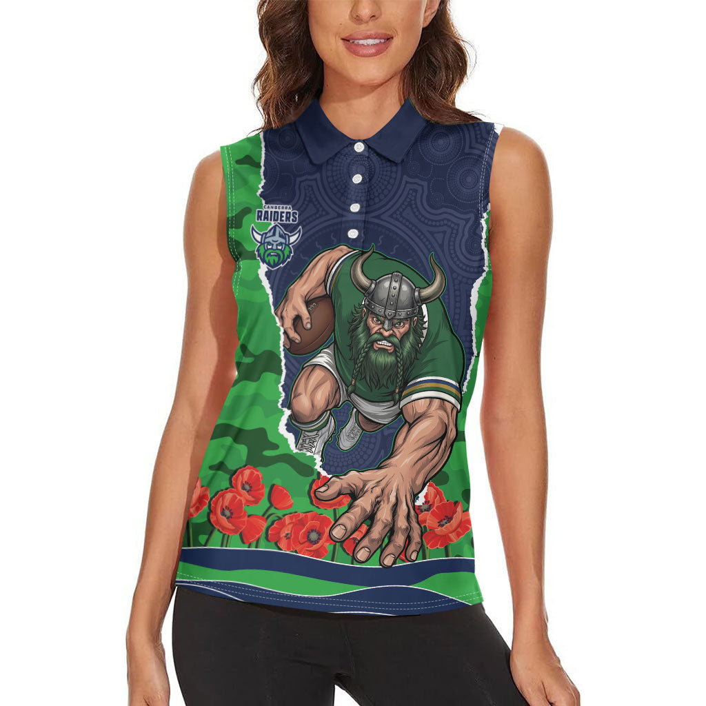 Personalized Canberra Raiders ANZAC Tribute Women Sleeveless Polo Shirt Poppy Field Soldier Silhouette Aboriginal Rugby Mascot