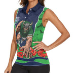 Personalized Canberra Raiders ANZAC Tribute Women Sleeveless Polo Shirt Poppy Field Soldier Silhouette Aboriginal Rugby Mascot