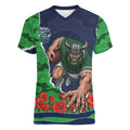 Personalized Canberra Raiders ANZAC Tribute Women V-Neck T-Shirt Poppy Field Soldier Silhouette Aboriginal Rugby Mascot