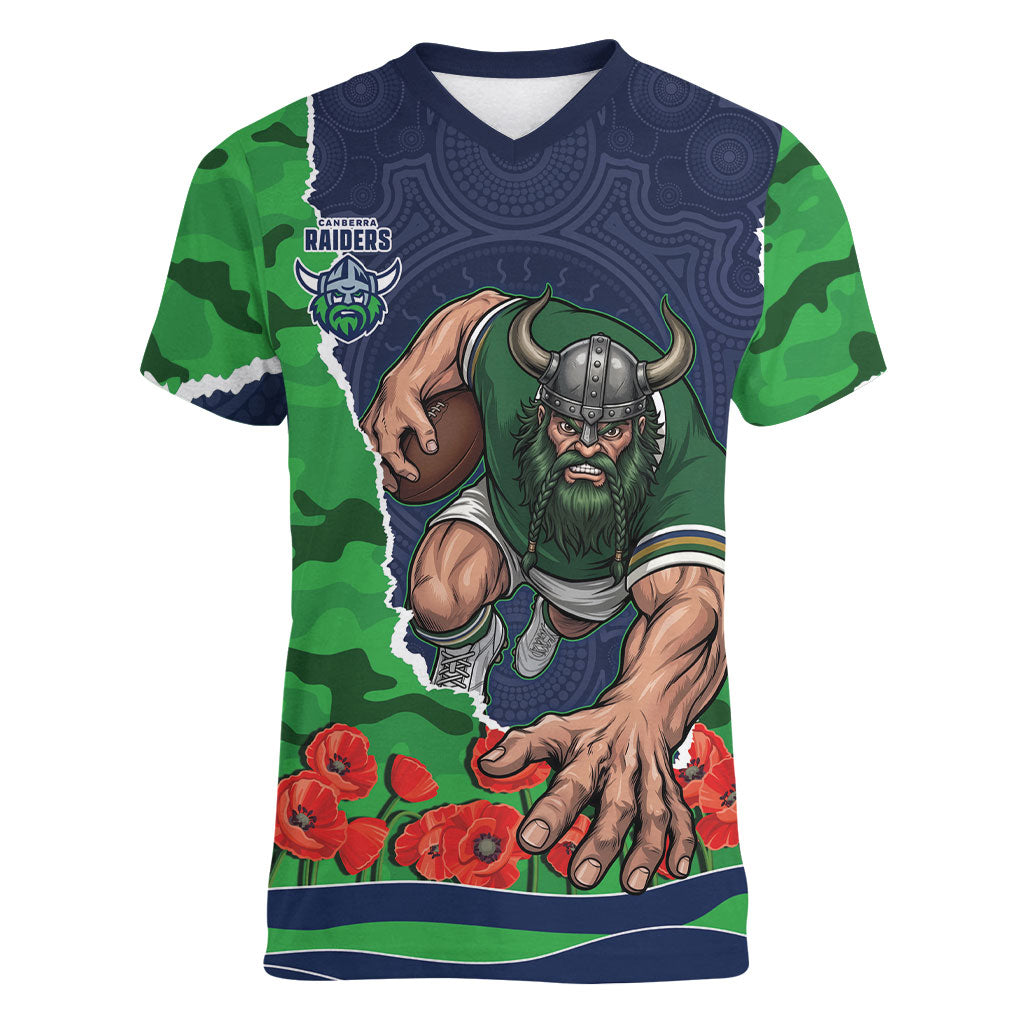 Personalized Canberra Raiders ANZAC Tribute Women V-Neck T-Shirt Poppy Field Soldier Silhouette Aboriginal Rugby Mascot