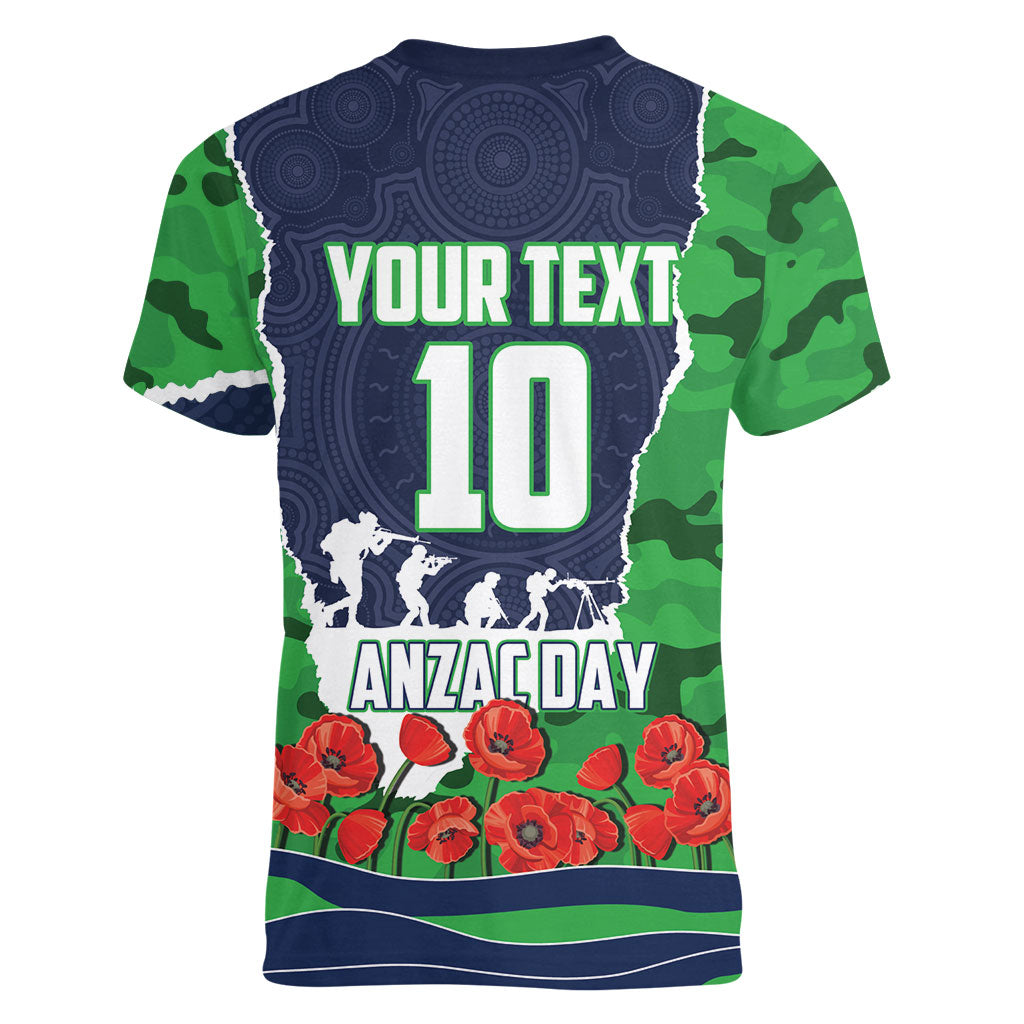 Personalized Canberra Raiders ANZAC Tribute Women V-Neck T-Shirt Poppy Field Soldier Silhouette Aboriginal Rugby Mascot