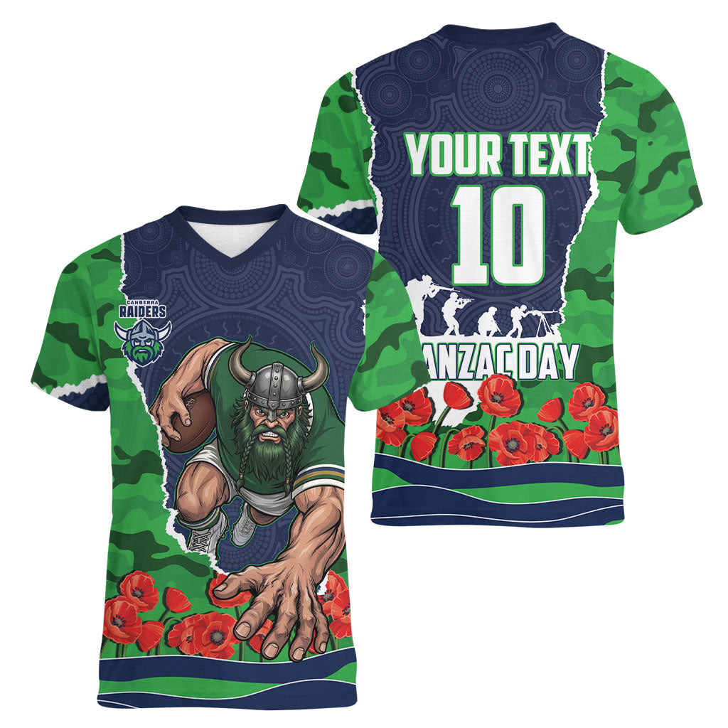 Personalized Canberra Raiders ANZAC Tribute Women V-Neck T-Shirt Poppy Field Soldier Silhouette Aboriginal Rugby Mascot