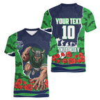 Personalized Canberra Raiders ANZAC Tribute Women V-Neck T-Shirt Poppy Field Soldier Silhouette Aboriginal Rugby Mascot