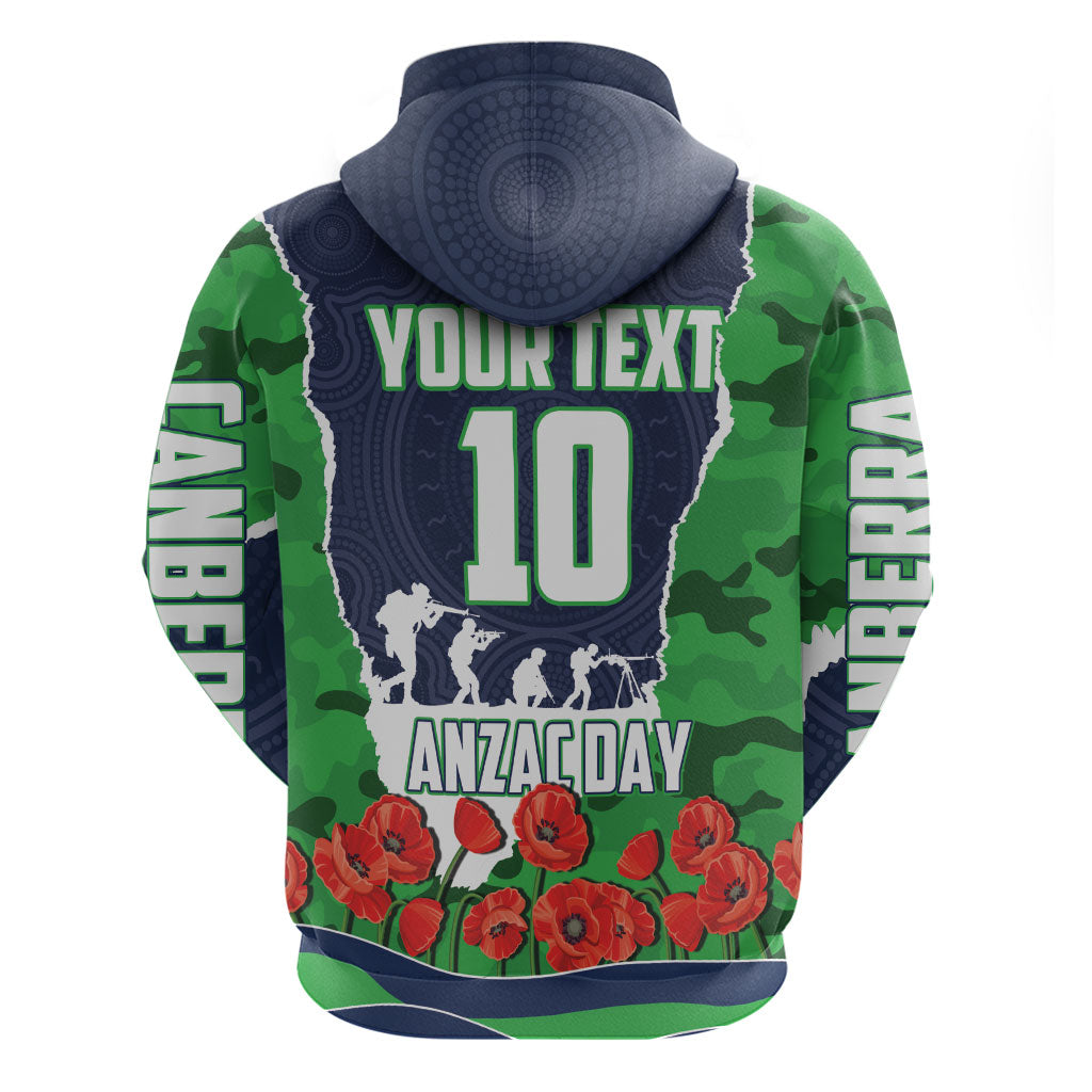 Personalized Canberra Raiders ANZAC Tribute Zip Hoodie Poppy Field Soldier Silhouette Aboriginal Rugby Mascot