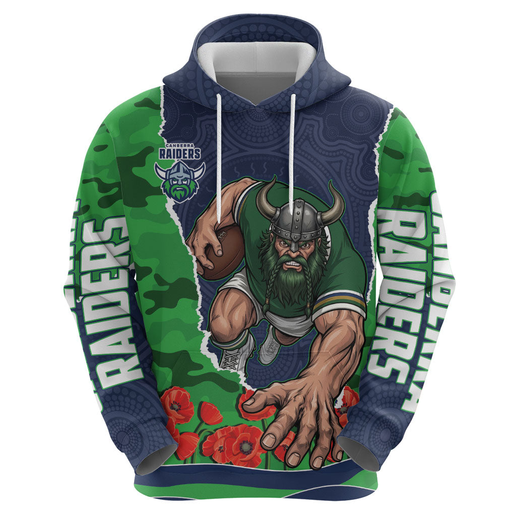 Personalized Canberra Raiders ANZAC Tribute Zip Hoodie Poppy Field Soldier Silhouette Aboriginal Rugby Mascot