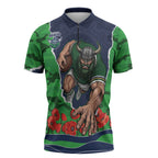 Personalized Canberra Raiders ANZAC Tribute Zipper Polo Shirt Poppy Field Soldier Silhouette Aboriginal Rugby Mascot