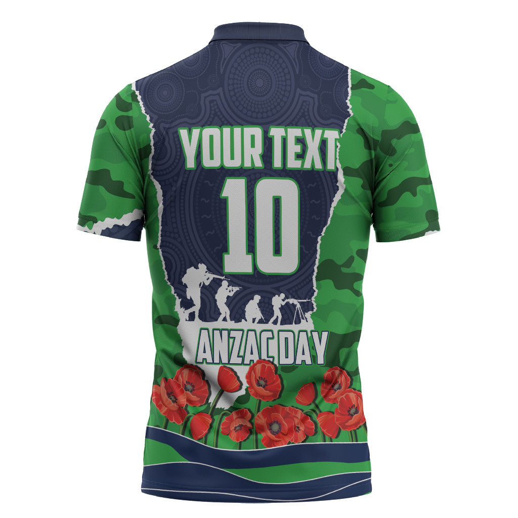 Personalized Canberra Raiders ANZAC Tribute Zipper Polo Shirt Poppy Field Soldier Silhouette Aboriginal Rugby Mascot