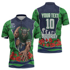 Personalized Canberra Raiders ANZAC Tribute Zipper Polo Shirt Poppy Field Soldier Silhouette Aboriginal Rugby Mascot