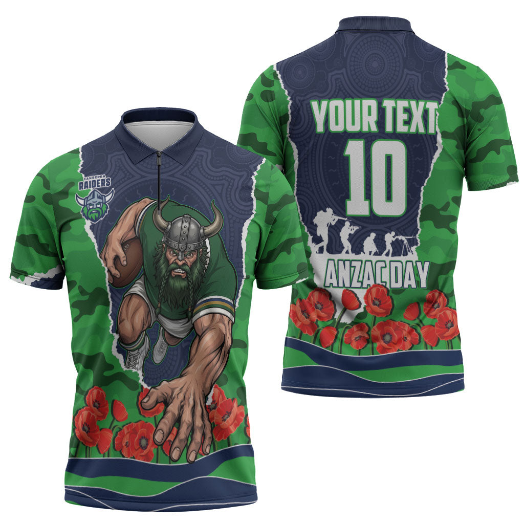 Personalized Canberra Raiders ANZAC Tribute Zipper Polo Shirt Poppy Field Soldier Silhouette Aboriginal Rugby Mascot