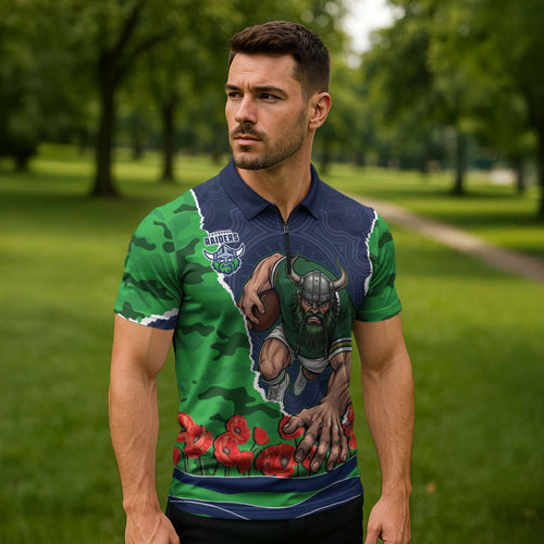 Personalized Canberra Raiders ANZAC Tribute Zipper Polo Shirt Poppy Field Soldier Silhouette Aboriginal Rugby Mascot