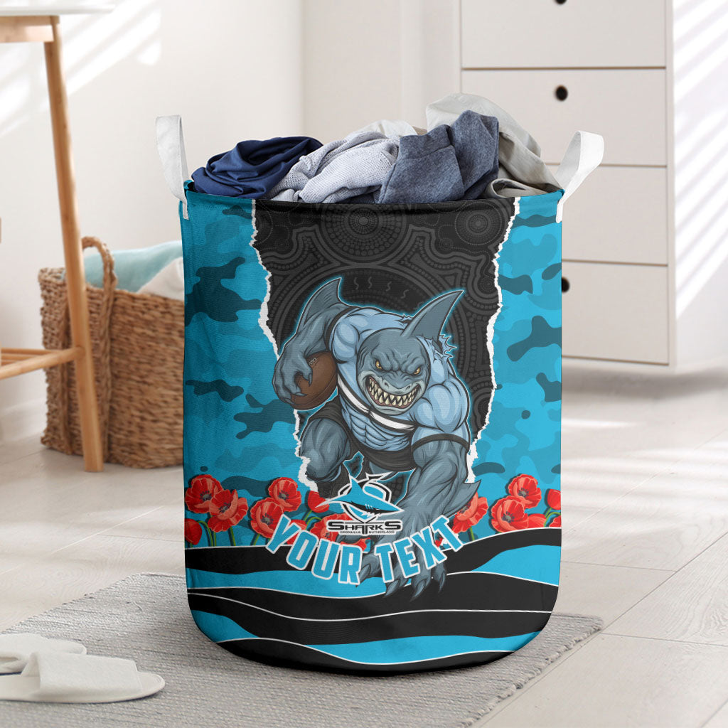 Personalized Sharks ANZAC Tribute Laundry Basket Poppy Field Soldier Silhouette Aboriginal Rugby Mascot