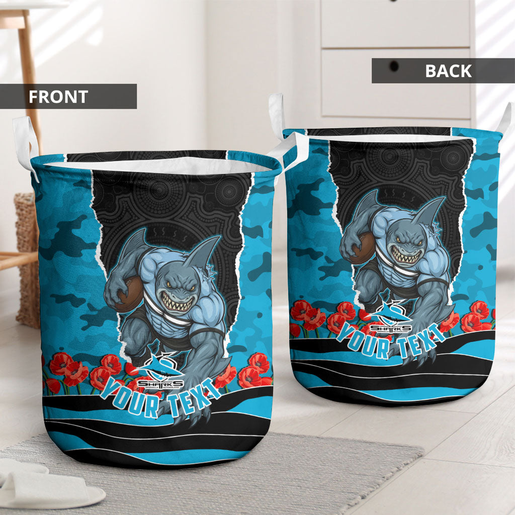 Personalized Sharks ANZAC Tribute Laundry Basket Poppy Field Soldier Silhouette Aboriginal Rugby Mascot
