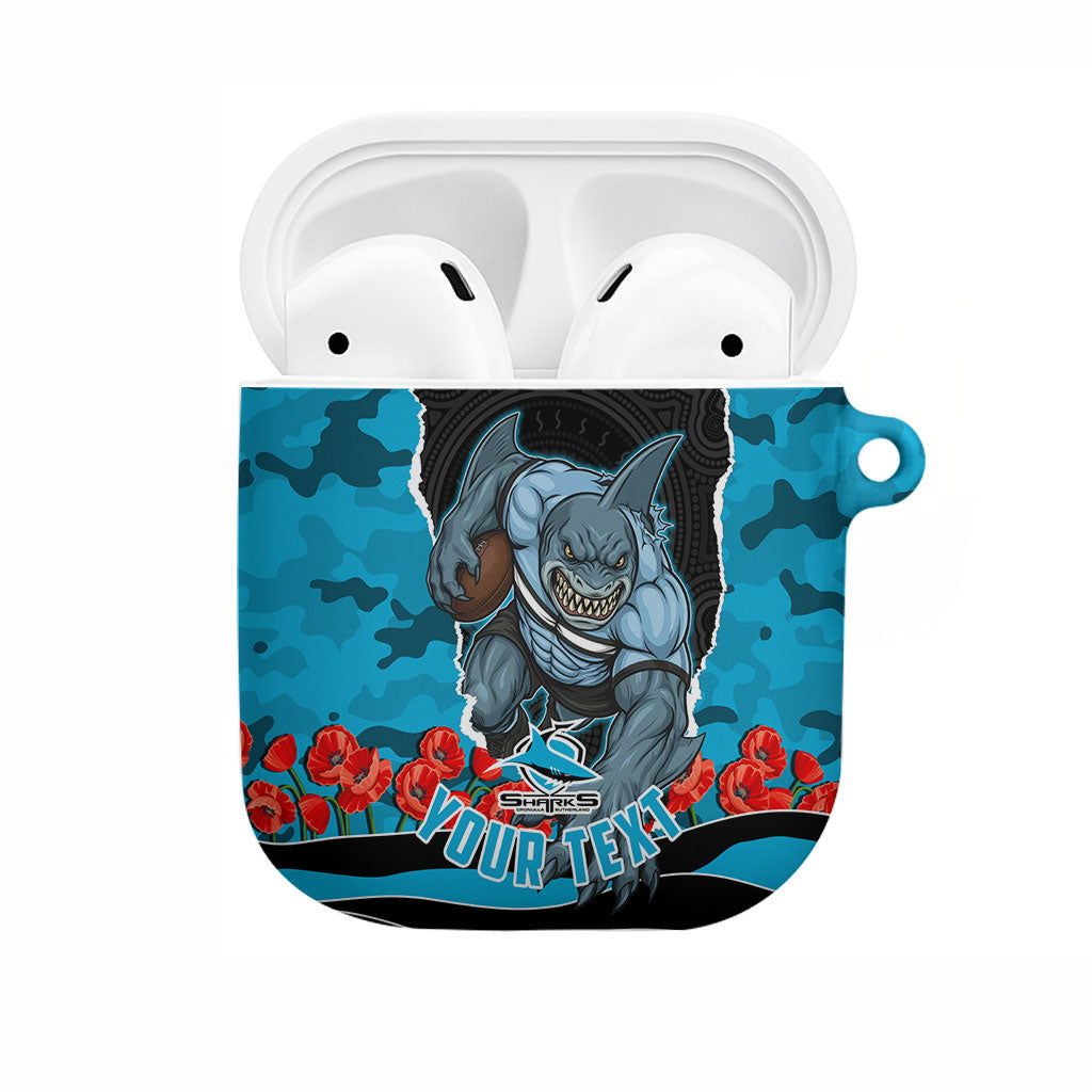 Personalized Sharks ANZAC Tribute AirPods Case Poppy Field Soldier Silhouette Aboriginal Rugby Mascot