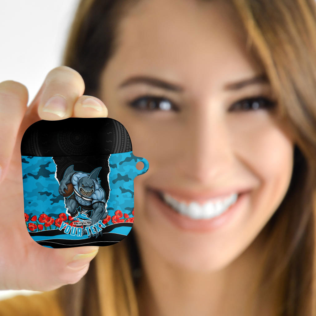 Personalized Sharks ANZAC Tribute AirPods Case Poppy Field Soldier Silhouette Aboriginal Rugby Mascot