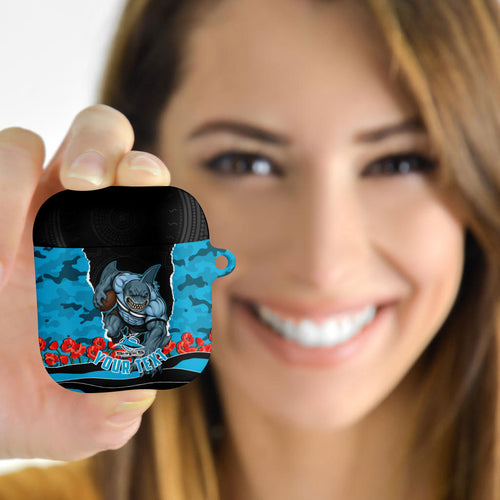 Personalized Sharks ANZAC Tribute AirPods Case Poppy Field Soldier Silhouette Aboriginal Rugby Mascot