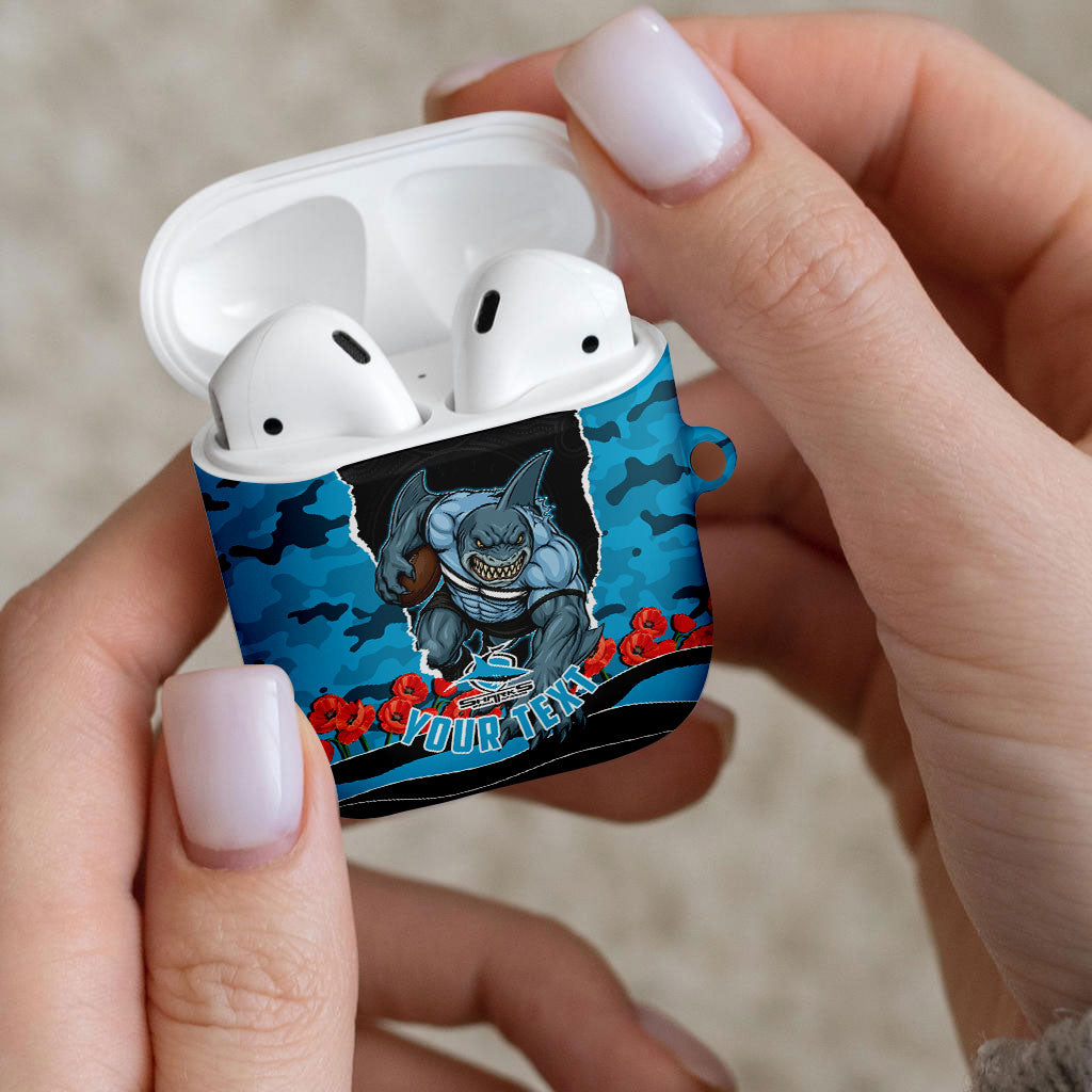 Personalized Sharks ANZAC Tribute AirPods Case Poppy Field Soldier Silhouette Aboriginal Rugby Mascot