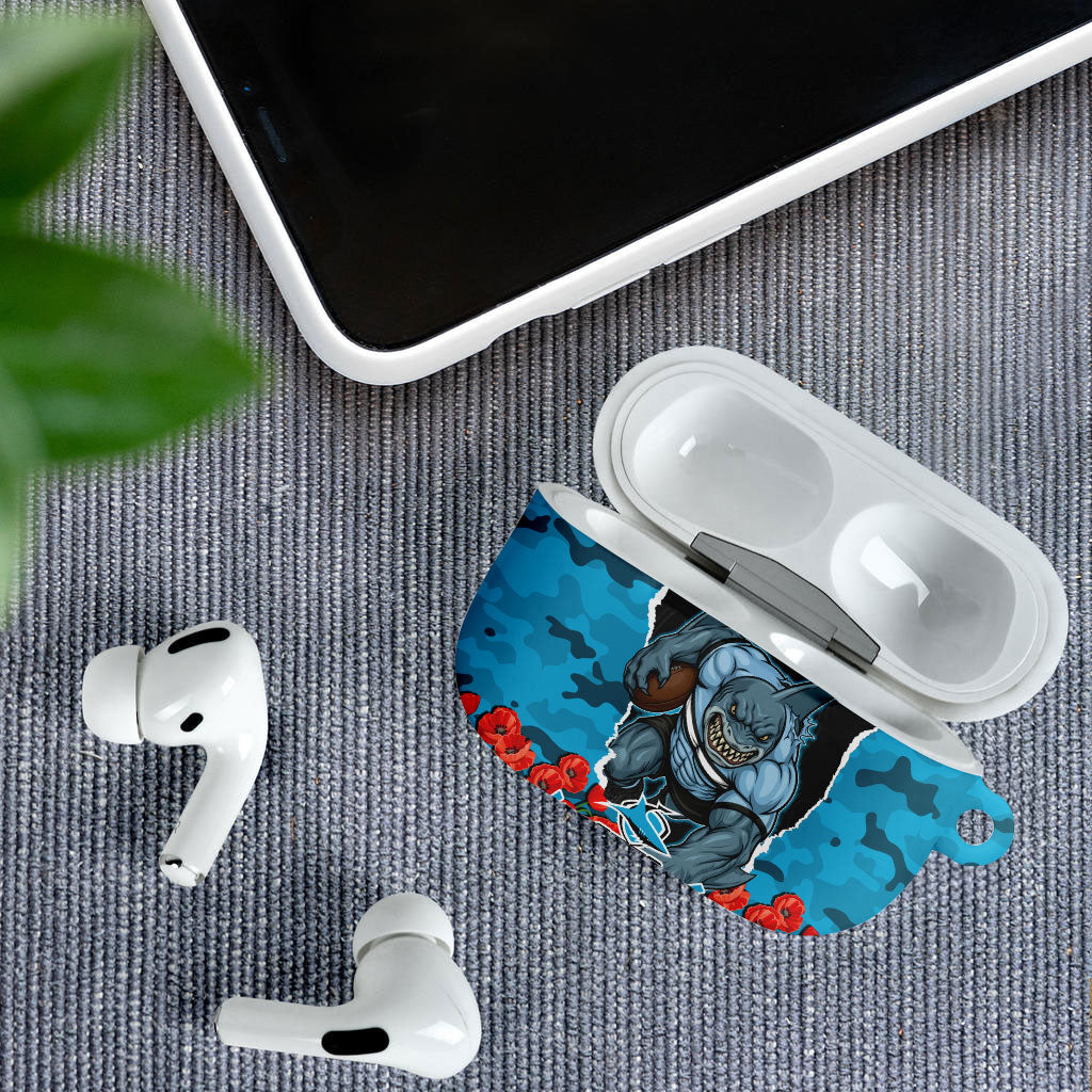 Personalized Sharks ANZAC Tribute AirPods Case Poppy Field Soldier Silhouette Aboriginal Rugby Mascot