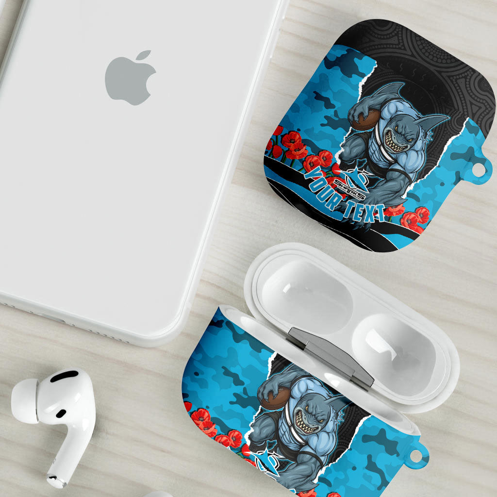Personalized Sharks ANZAC Tribute AirPods Case Poppy Field Soldier Silhouette Aboriginal Rugby Mascot